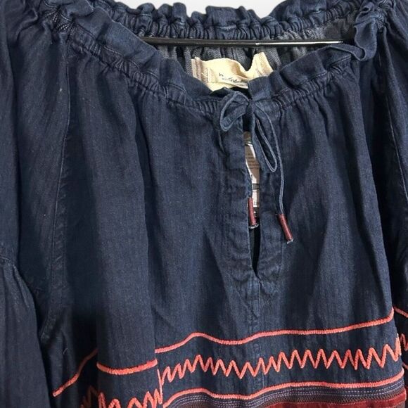 We the Free People Katie Denim Top Embroidered Peasant Tie Velvet & Mesh Trim M - Picture 11 of 13